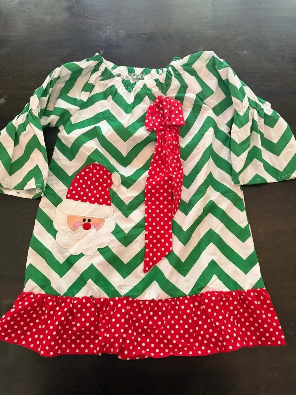 Girls Green and White Chevron Christmas Santa Dress (4T)